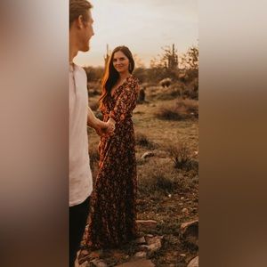 Lulus maxi dress, warm floral pattern, wrap dress size small